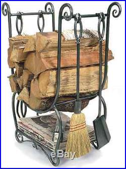 Wrought Iron Fireplace Tool Set Indoor Log Rack Black Wood Holder Broom Poker