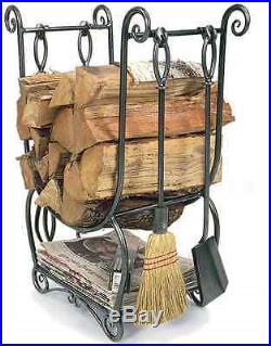 Wrought Iron Fireplace Tool Set Indoor Log Rack Black Wood Holder Broom Poker