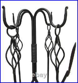 Wrought Iron Forged Basket Twist Fireplace Hearth Tool Set Vintage 4 Tools+Stand