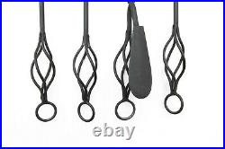 Wrought Iron Forged Basket Twist Fireplace Hearth Tool Set Vintage 4 Tools+Stand