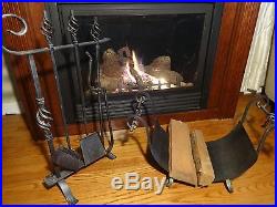 Wrought Iron Hand Forged Fireplace Tool Set 4 Piece and Log Holder (Austria)