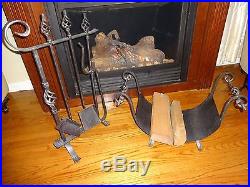 Wrought Iron Hand Forged Fireplace Tool Set 4 Piece and Log Holder (Austria)