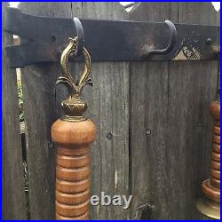 Wrought Iron Wood Brass Fireplace Tools 5 Piece Set Wall Mounted Hanging