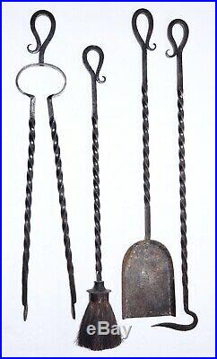 Wrought Twisted Iron Fireplace Set Tools Antique