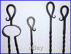 Wrought Twisted Iron Fireplace Set Tools Antique