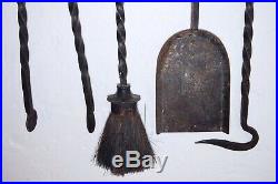 Wrought Twisted Iron Fireplace Set Tools Antique